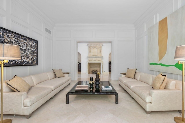 tiled living room featuring ornamental molding