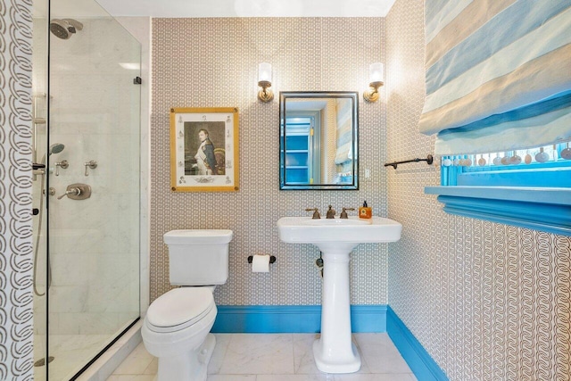 bathroom with an enclosed shower, tile floors, and toilet