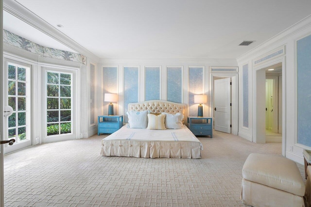 bedroom featuring carpet floors and crown molding