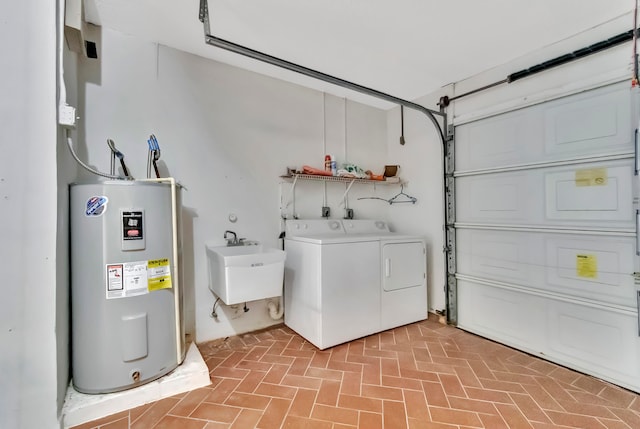 interior space featuring washing machine and clothes dryer, hookup for an electric dryer, electric water heater, and sink