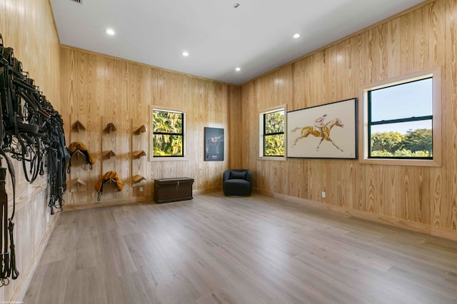 interior space with light hardwood / wood-style flooring and wood walls