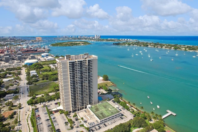 drone / aerial view featuring a water view