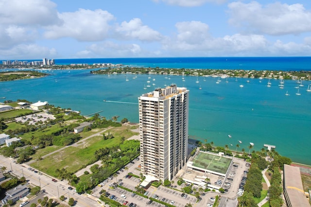 aerial view featuring a water view