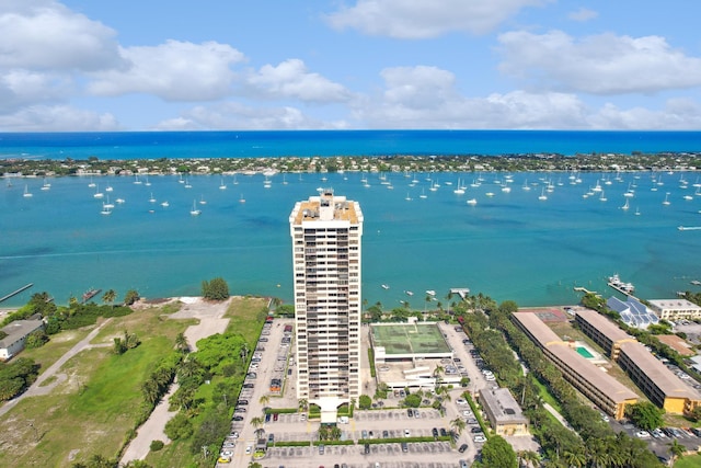 bird's eye view with a water view