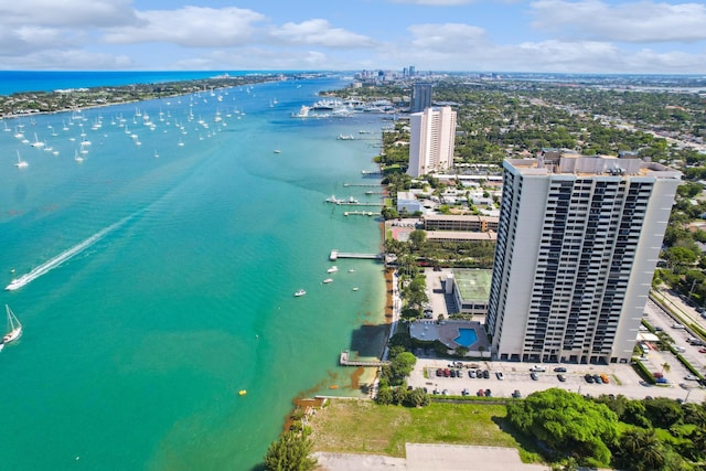 drone / aerial view featuring a water view