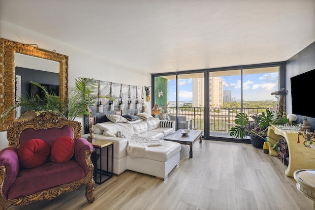 living room with floor to ceiling windows and light wood-type flooring