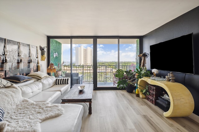 living room with expansive windows and light hardwood / wood-style flooring