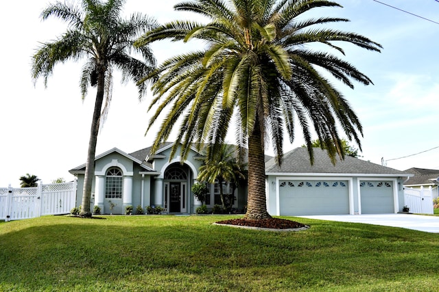 view of front of property with a front lawn and a garage