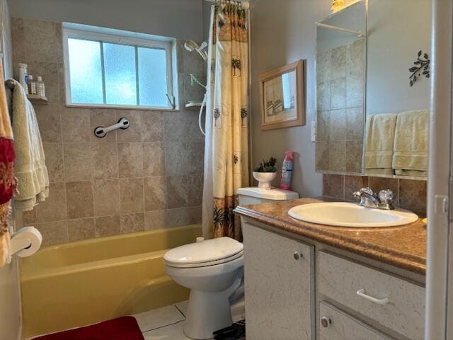 full bathroom featuring shower / bathtub combination with curtain, tile patterned floors, vanity, decorative backsplash, and toilet