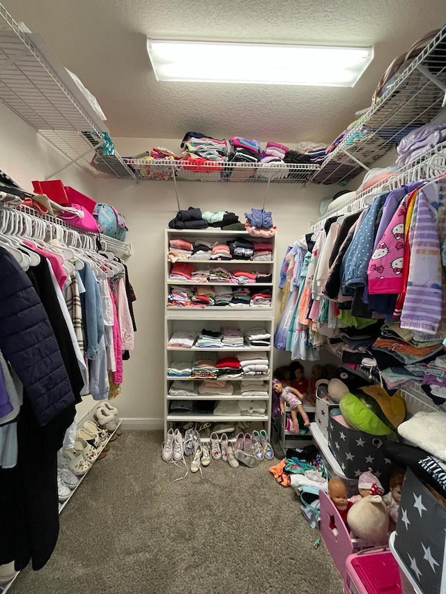 walk in closet with carpet flooring