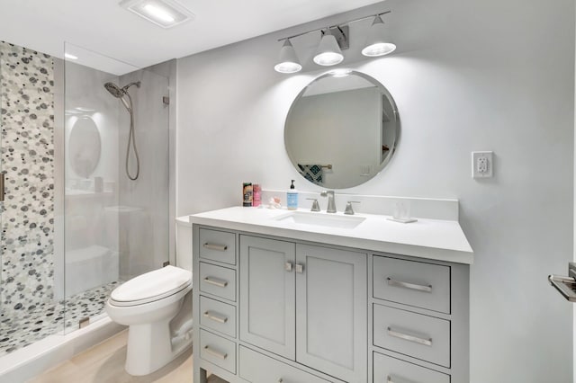 bathroom featuring a shower with door, vanity, and toilet