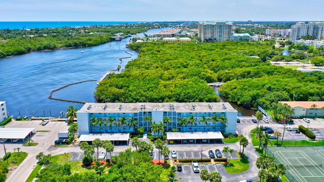 drone / aerial view featuring a water view