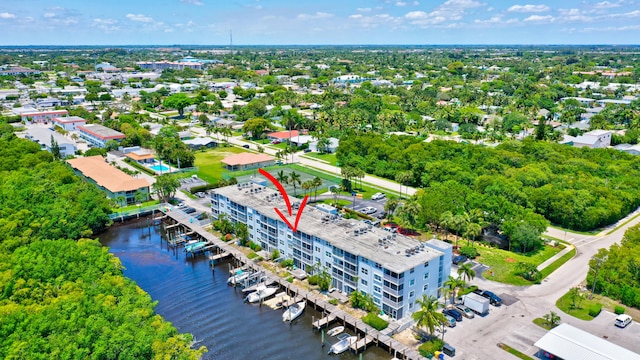 bird's eye view with a water view