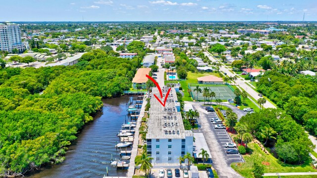 aerial view featuring a water view