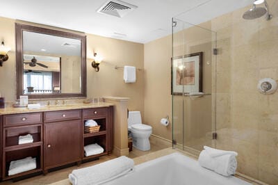 bathroom featuring walk in shower, toilet, vanity, and ceiling fan