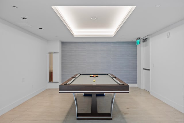 playroom with billiards and tile walls