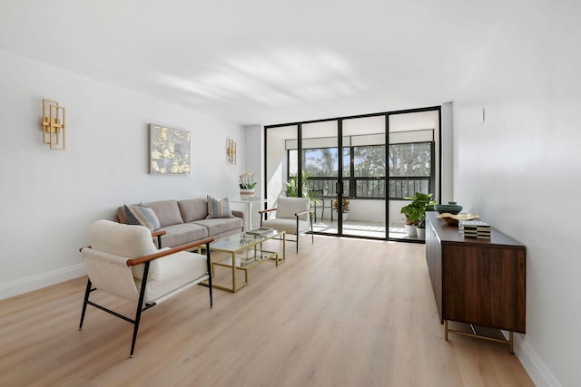 living room with expansive windows and light wood-type flooring