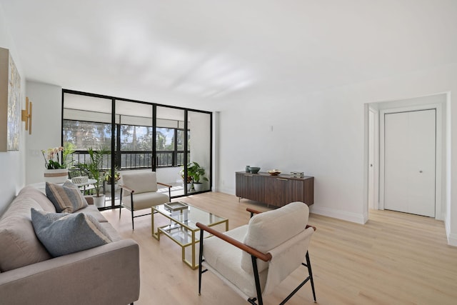 living room featuring floor to ceiling windows and light hardwood / wood-style floors