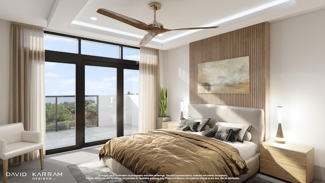 bedroom featuring a wall of windows, access to exterior, ceiling fan, and a tray ceiling