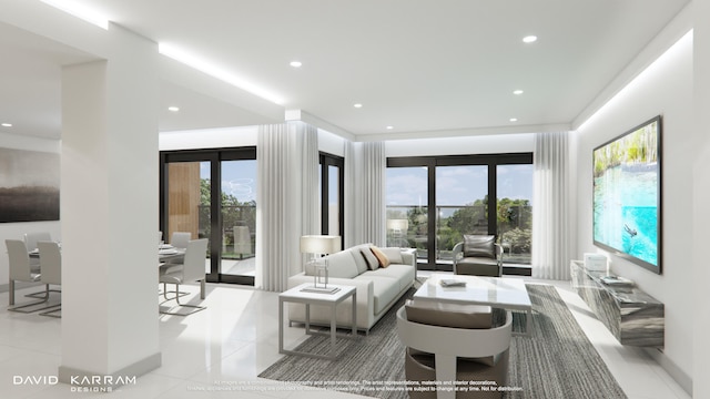 tiled living room with plenty of natural light and french doors