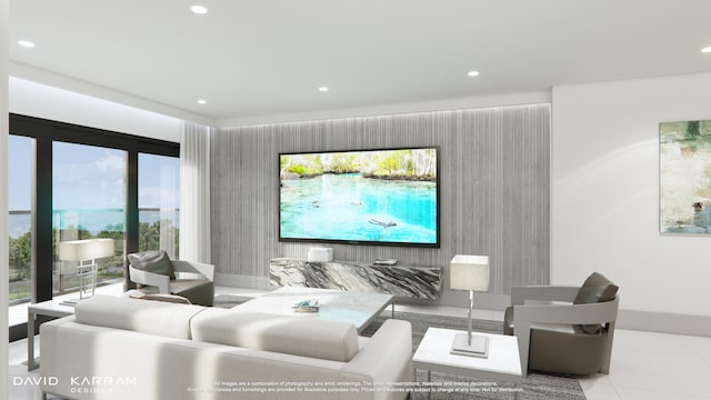 tiled living room featuring a wealth of natural light