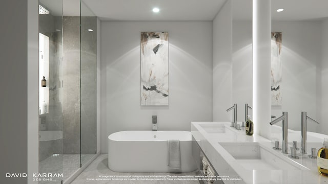 bathroom with double sink vanity and plus walk in shower