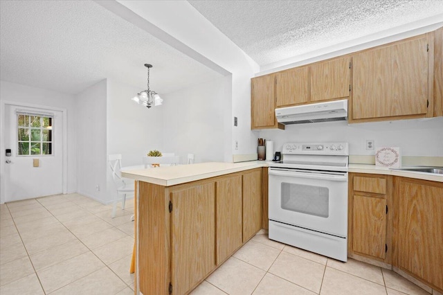 kitchen with pendant lighting, a chandelier, light tile flooring, white electric range, and a textured ceiling