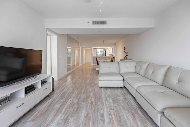 living room with ceiling fan and light hardwood / wood-style floors