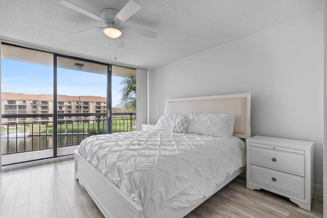 bedroom featuring light hardwood / wood-style flooring, ceiling fan, and multiple windows