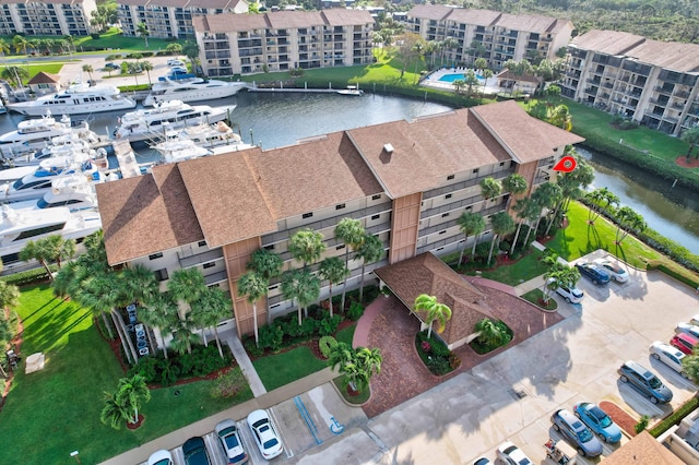 aerial view featuring a water view