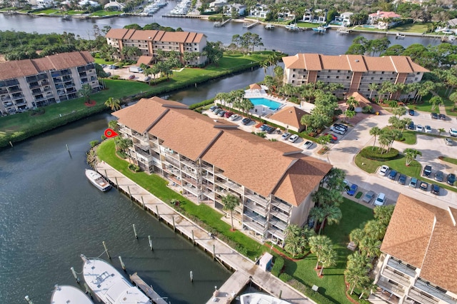 aerial view featuring a water view