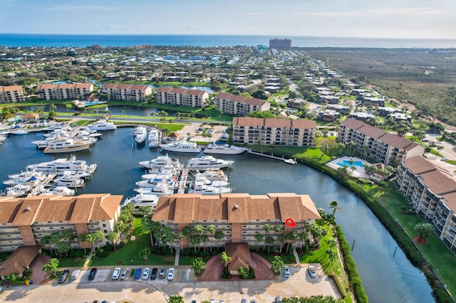 bird's eye view with a water view