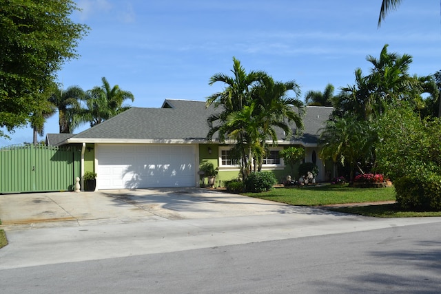 ranch-style house featuring a front lawn and a garage