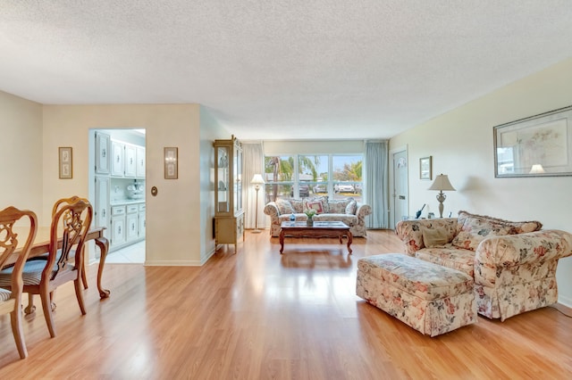 living room with a textured ceiling and light wood-type flooring