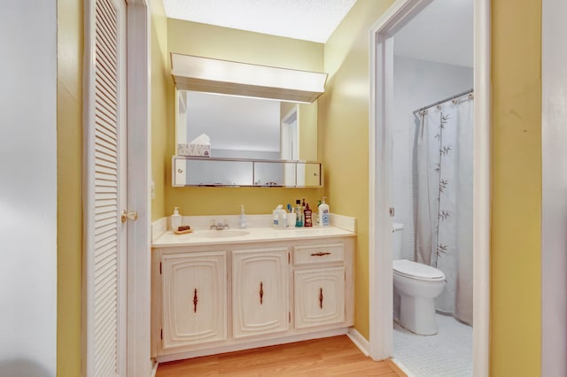 bathroom featuring wood-type flooring, toilet, and large vanity