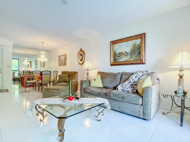 tiled living room with a textured ceiling