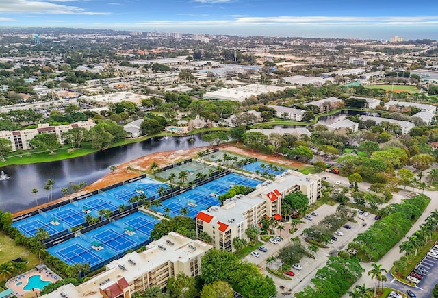 drone / aerial view featuring a water view