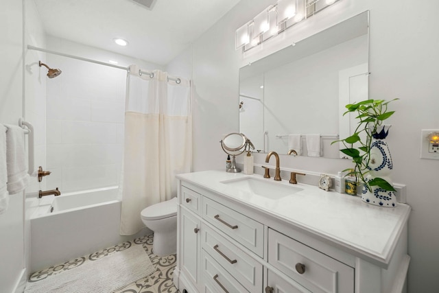 full bathroom featuring vanity, toilet, and shower / bathtub combination with curtain