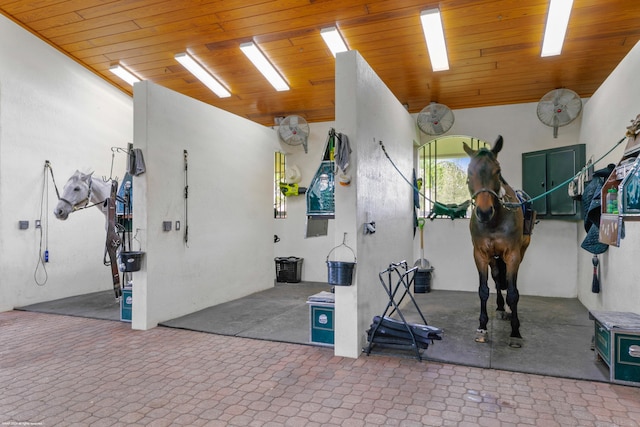 workout area with vaulted ceiling and wood ceiling