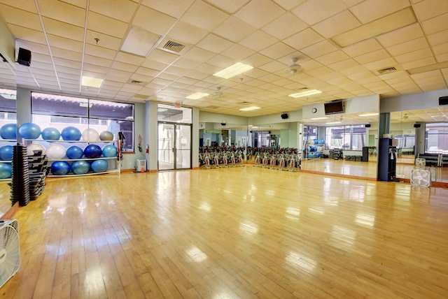 gym with a drop ceiling, plenty of natural light, and wood-type flooring