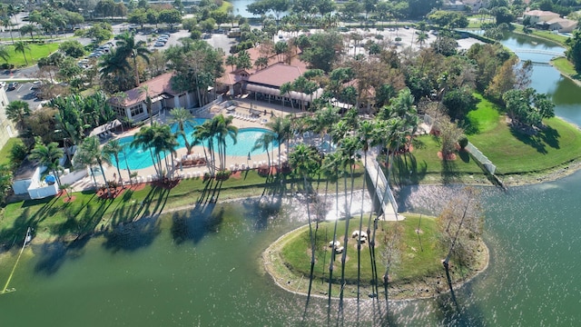 birds eye view of property featuring a water view