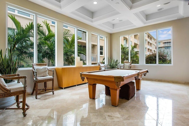 game room with beamed ceiling, a healthy amount of sunlight, and coffered ceiling