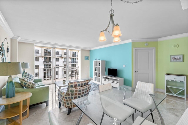 living room with an inviting chandelier and ornamental molding