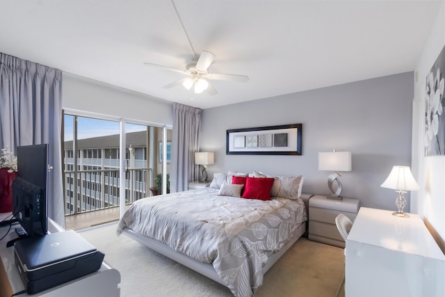 bedroom with light carpet, access to exterior, and ceiling fan