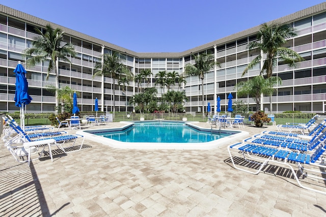 view of swimming pool with a patio area