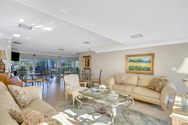 tiled living room with crown molding and a textured ceiling