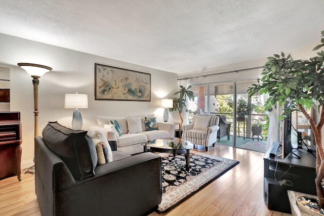 living room featuring light hardwood / wood-style flooring and a textured ceiling