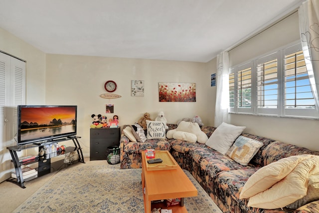 living room featuring light carpet