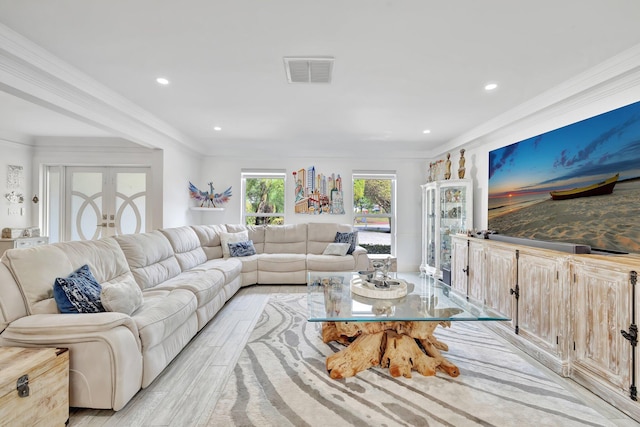 9010 S Lake Dasha Dr, Plantation, FL 33324 - living room with light wood-style flooring, crown molding, french doors, and recessed lighting