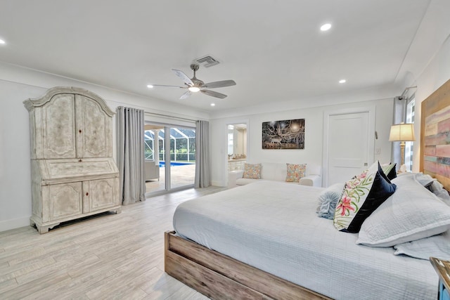 bedroom featuring ceiling fan, access to exterior, and light hardwood / wood-style flooring